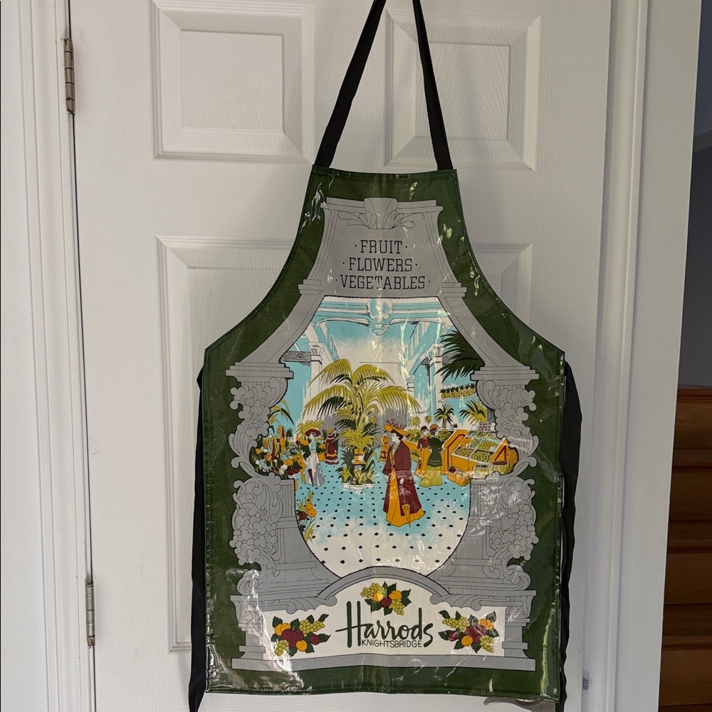 Harrods Green and Gray Illustrated Kitchen Apron Like New